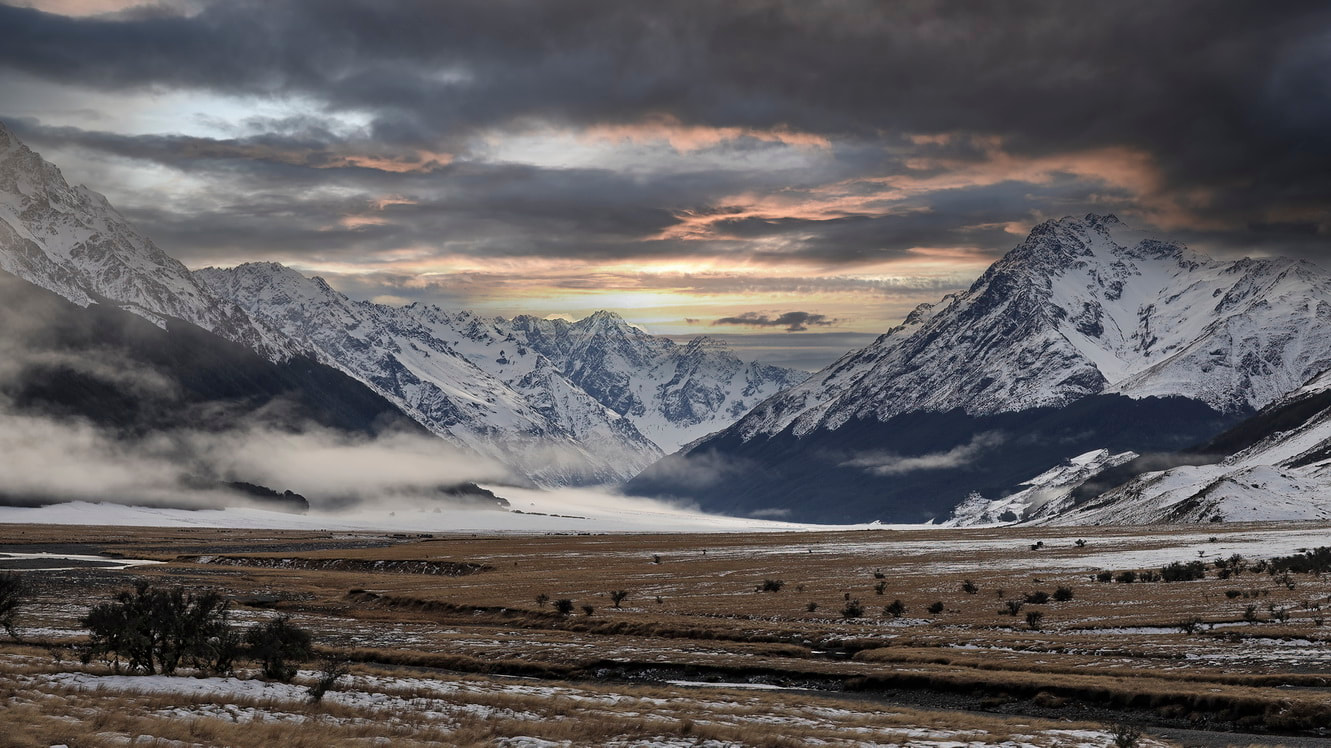 Ahuriri Valley Snow Capped Southern Alps New Zealand